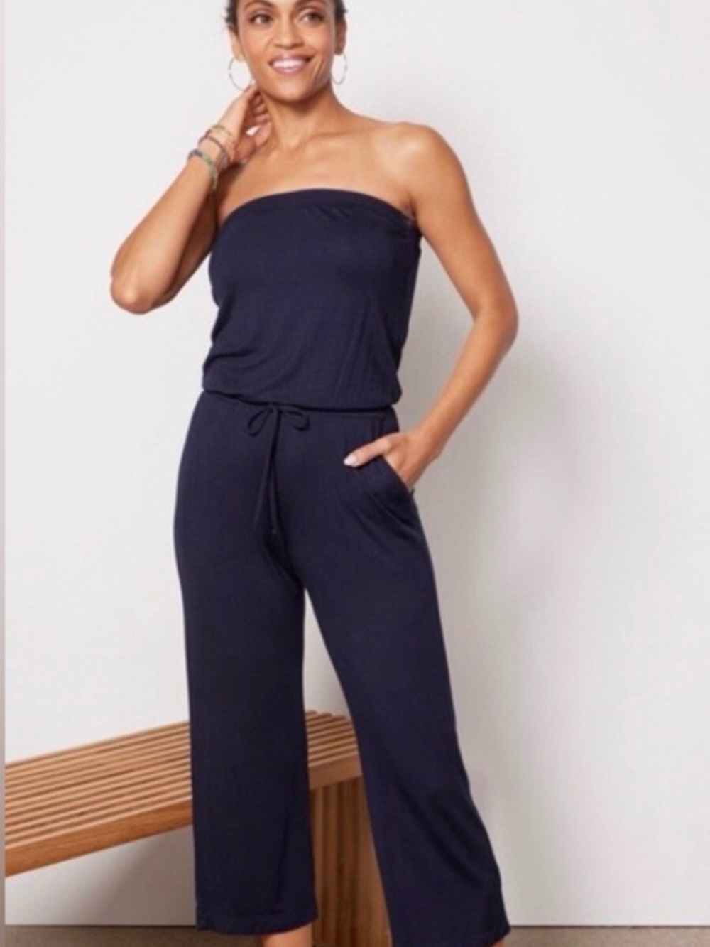 Michael Stars|Evereve Piper Strapless Jumpsuit Jersey Navy S 
PTP 14” Length 51”